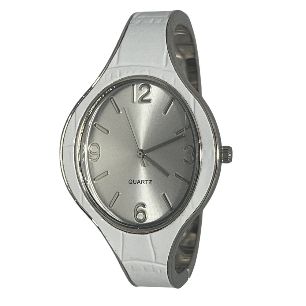Elegant White Croc Embossed Bangle Cuff Watch Silver Tone Quartz Japan Movt